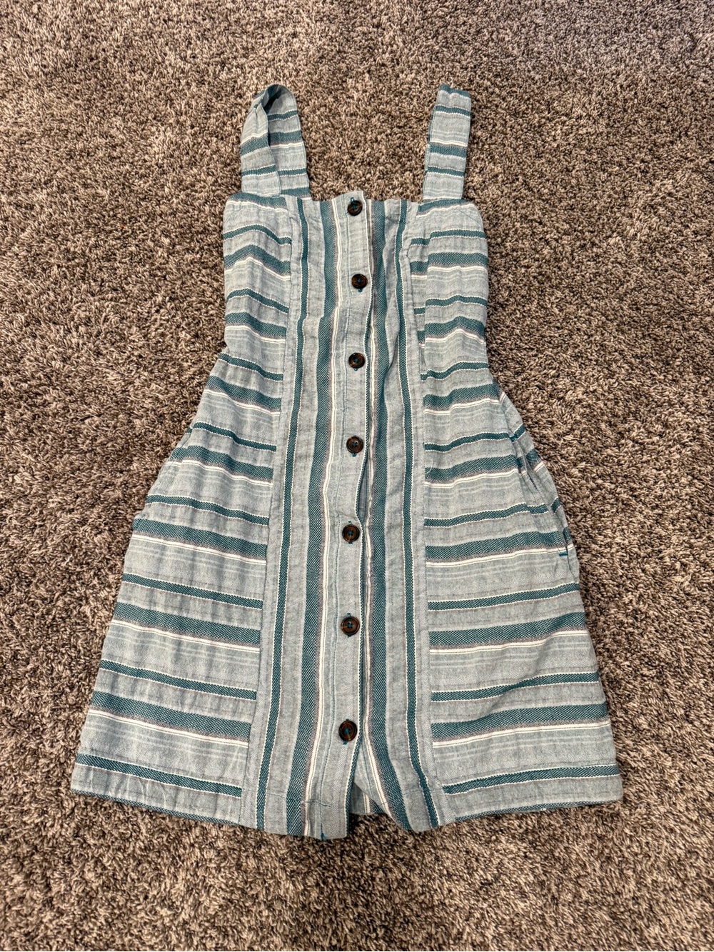 Roxy Striped Button Front Mini Dress Small Blue White Cotton Sleeveless Pockets